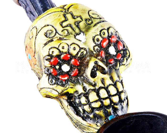 LOS MUERTOS SUGAR SKULL SHERLOCK HAND PIPE 3in Long - Wood - Green - The Smoking Hound